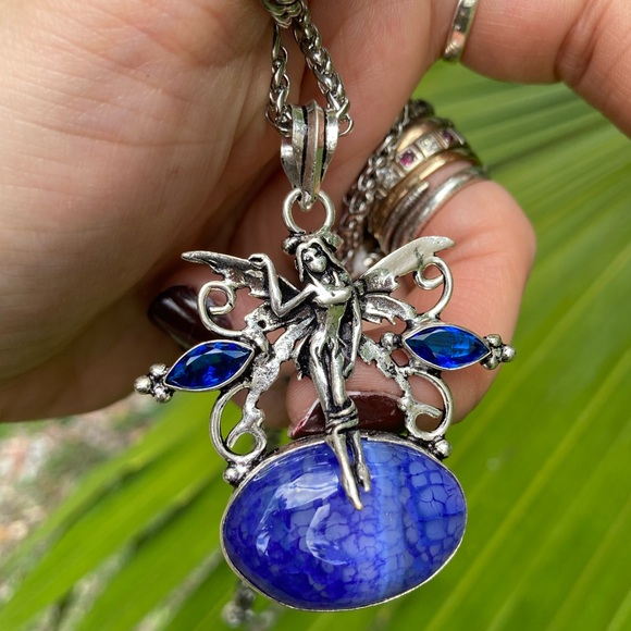 925 sterling silver overlay fairy charm blue Sapphires & agate gems necklace - Picture 14 of 14